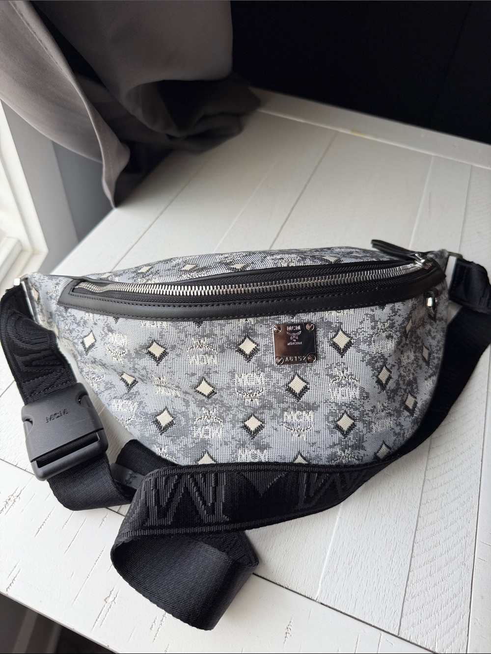 MCM Gray Monogram Jacquard Belt Bag with Black Strap